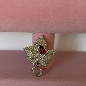 Vintage Swarovski Leaf & Ladybug Brooch Clear Crystals Red Enamel Ships From USA